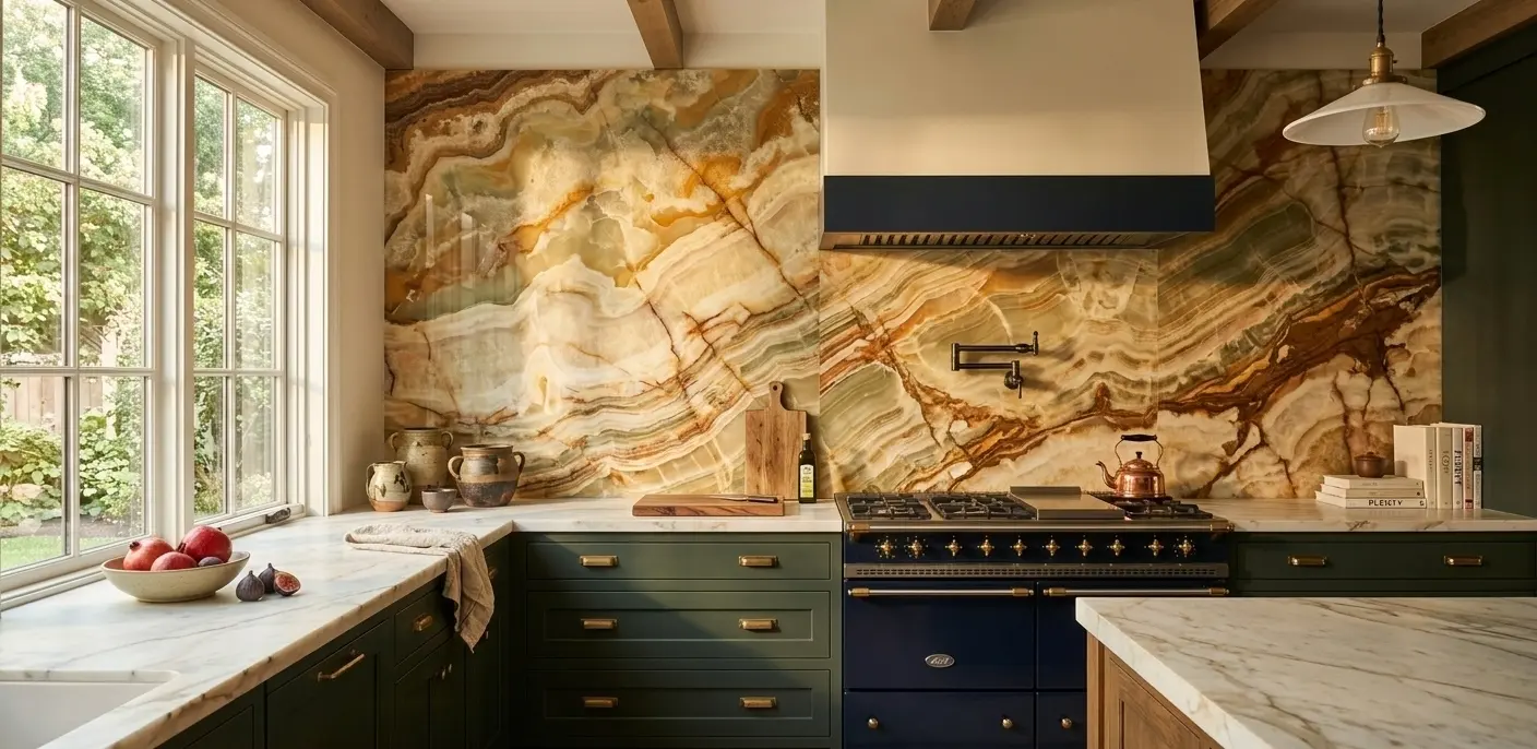 Conceptual rendering of multi color onyx in kitchen backsplash