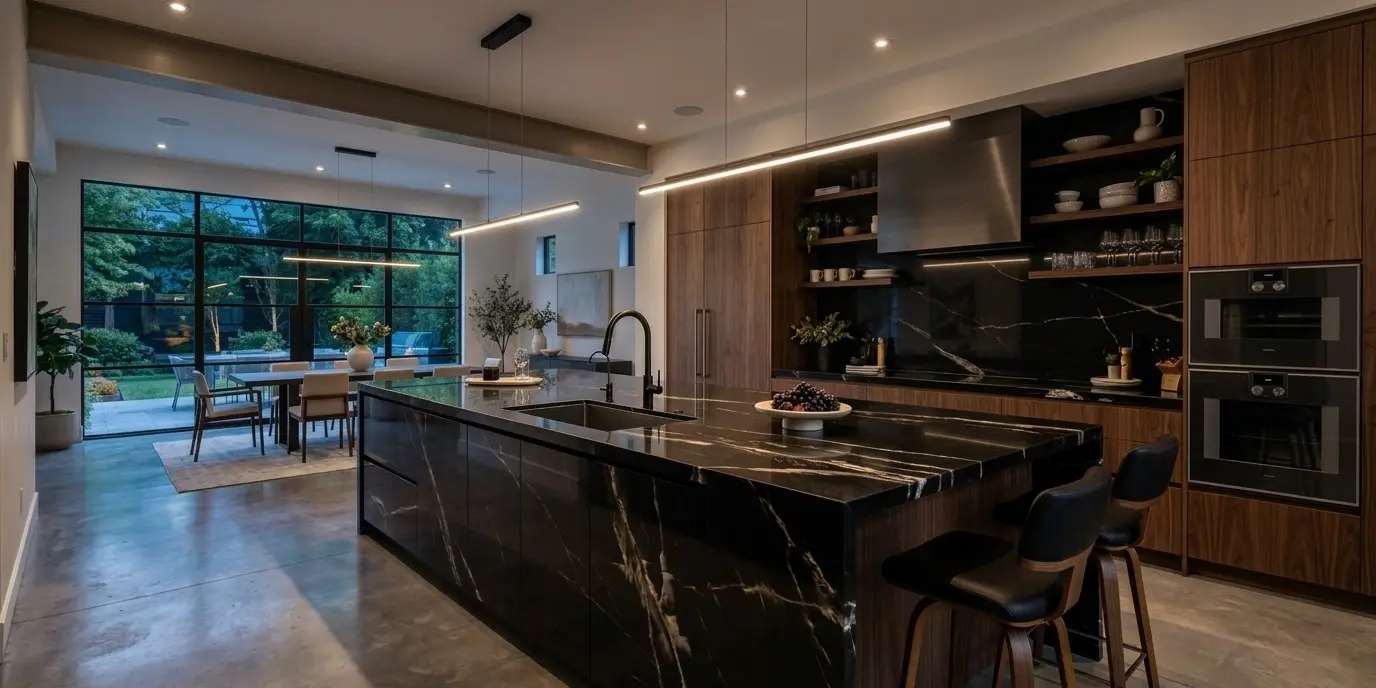 Modern kitchen island featuring black onyx countertop