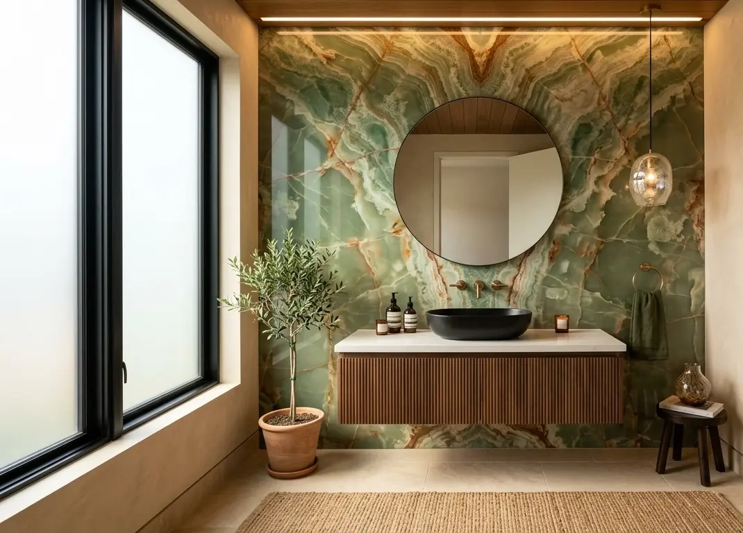 Green onyx accent wall panel in a contemporary powder room interior