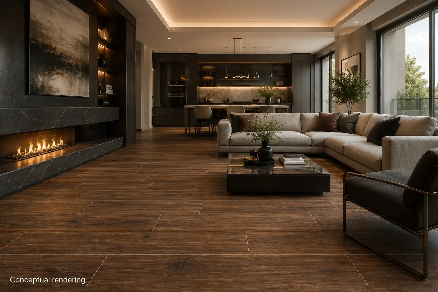 Conceptual rendering of wood look porcelain tile in lviing room