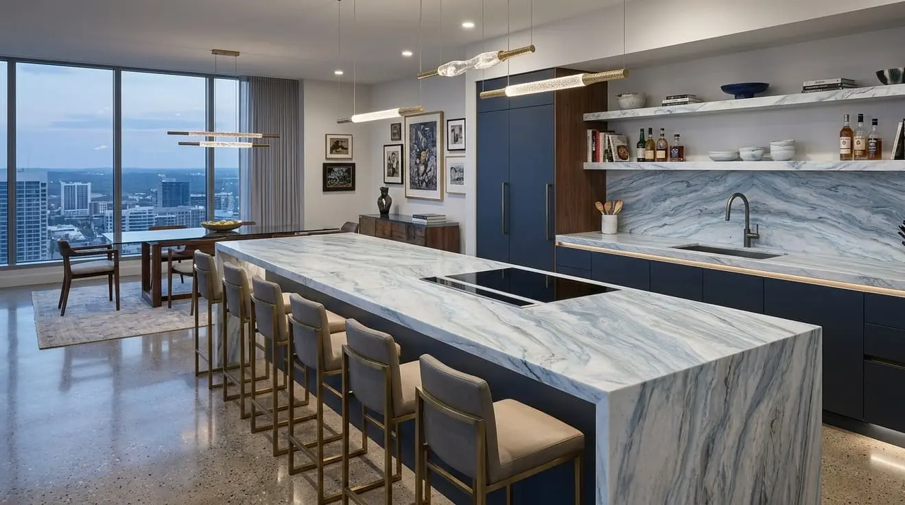 Conceptual rendering of modern kitchen with sky blue quartzite countertops and an island in Virginia City Highlands