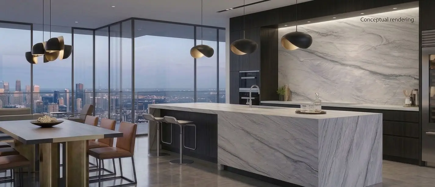 Conceptual rendering of open-concept kitchen with large quartzite countertops in Virginia City Highlands, NV
