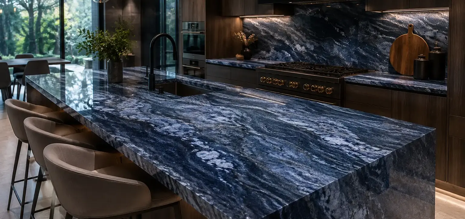 Conceptual rendering of blue granite countertop in a luxury modern kitchen interior at Virginia City Highlands, NV