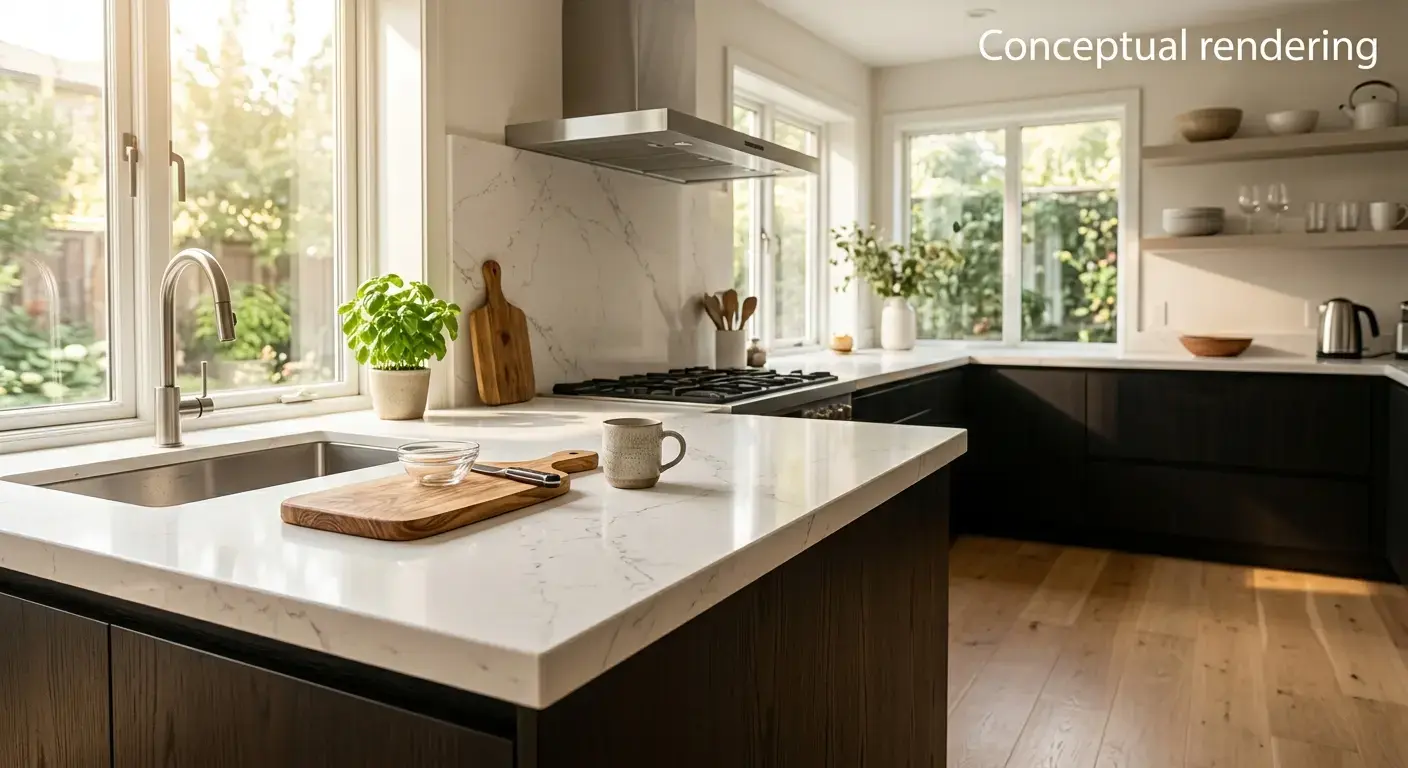 Conceptual rendering of a 2cm slab thickness countertop edge