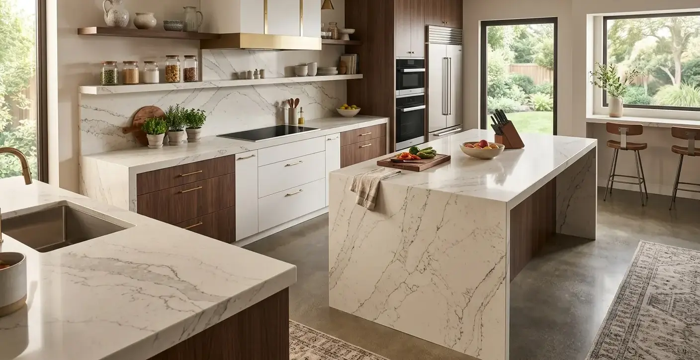 Conceptual rendering of a quartz slab thickness kitchen layout