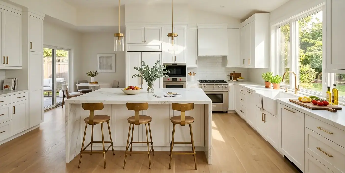 Conceptual rendering of a waterfall countertop in a modern white kitchen