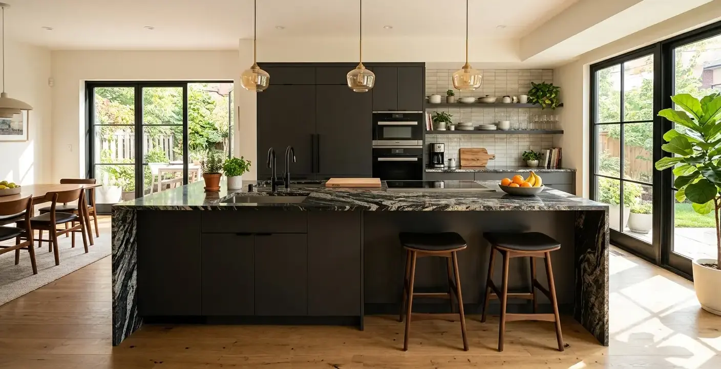 Conceptual rendering of a waterfall countertop granite island with dark cabinetry 