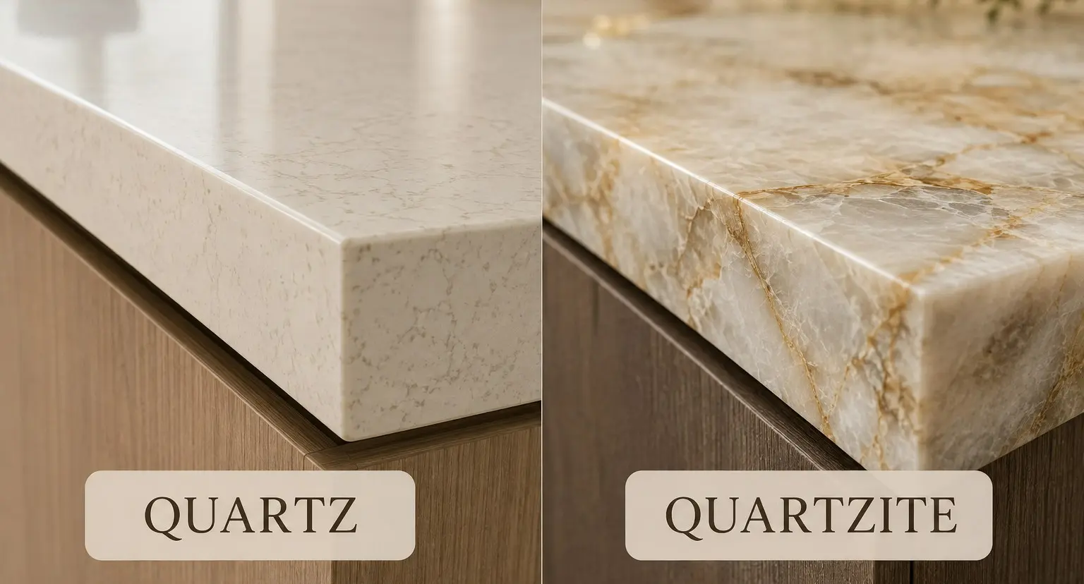 Conceptual rendering of a Close-up comparison of installed quartz and quartzite slab edges