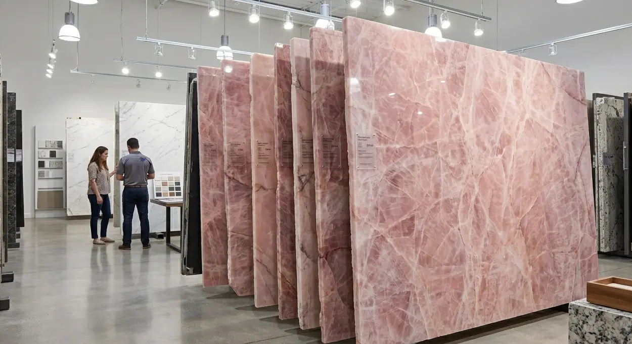 Conceptual rendering of a Rose Slab Quartzite displayed at Showroom