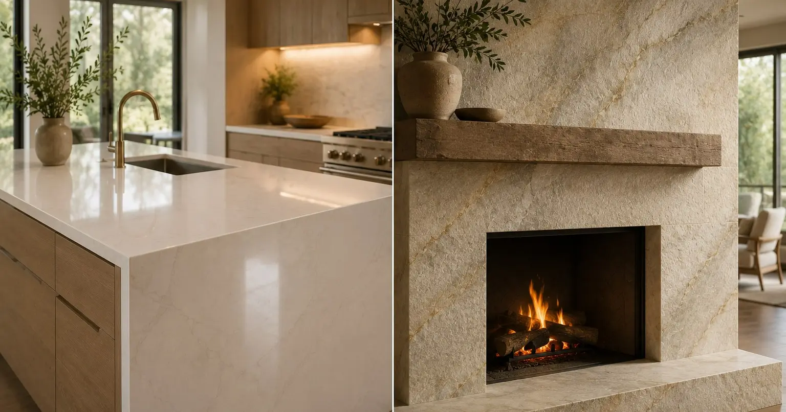 Conceptual rendering of a Polished quartz island beside a leathered-finish quartzite fireplace surround
