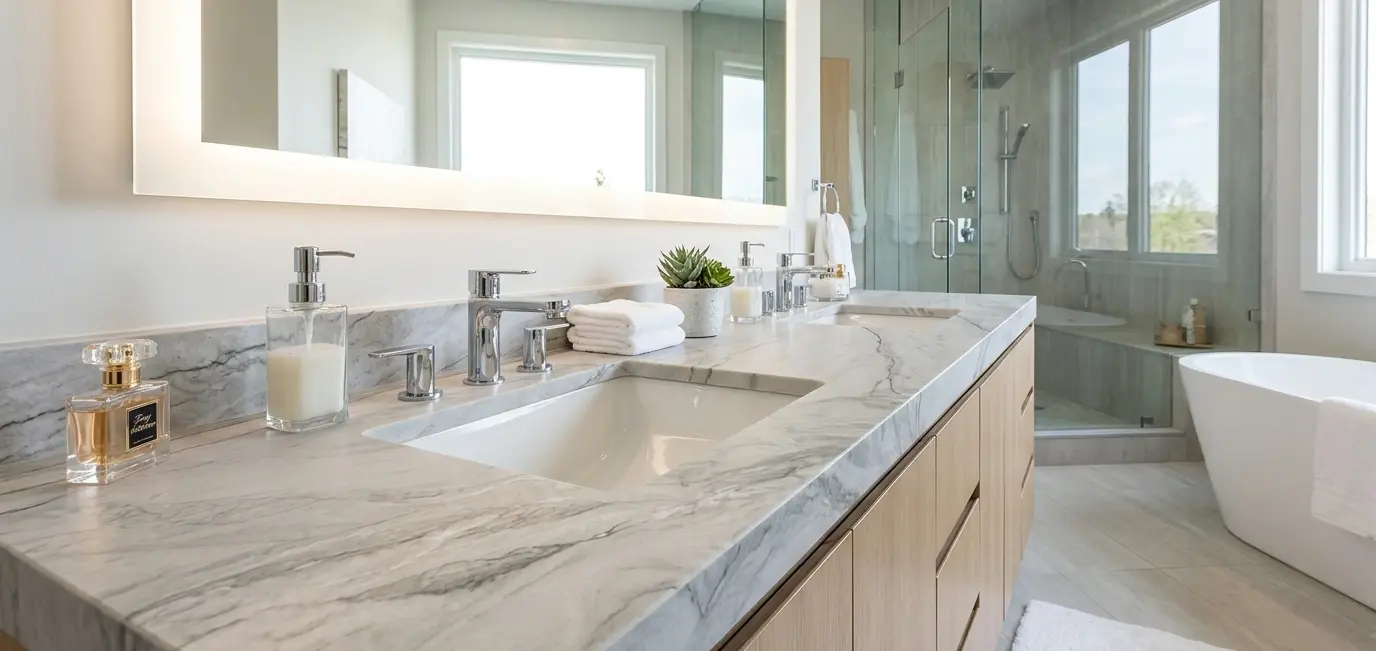 Conceptual rendering of a honed zermatt quartzite vanity top