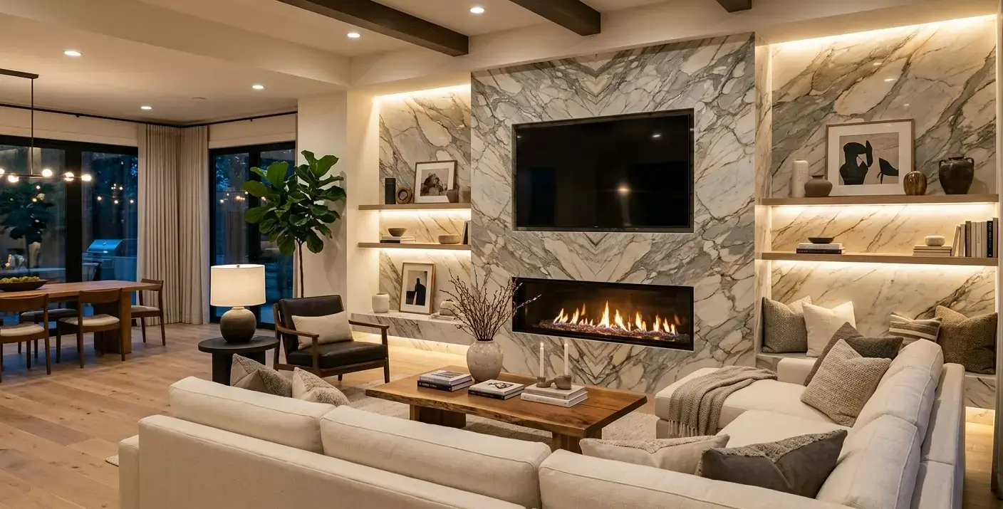 Conceptual rendering of a quartzite installed in fireplace surround