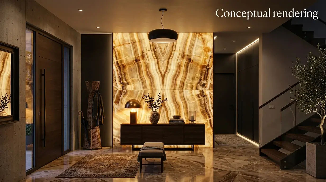Conceptual rendering of a Backlit Onyx Slabs accent wall in an entryway