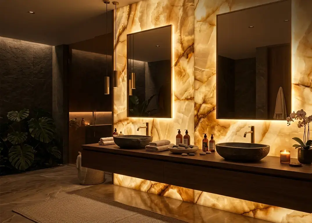 Conceptual rendering of Backlit Onyx Slabs in a spa-style vanity wall