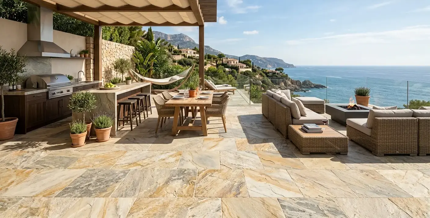 Conceptual rendering of a quartzite slab flooring patio