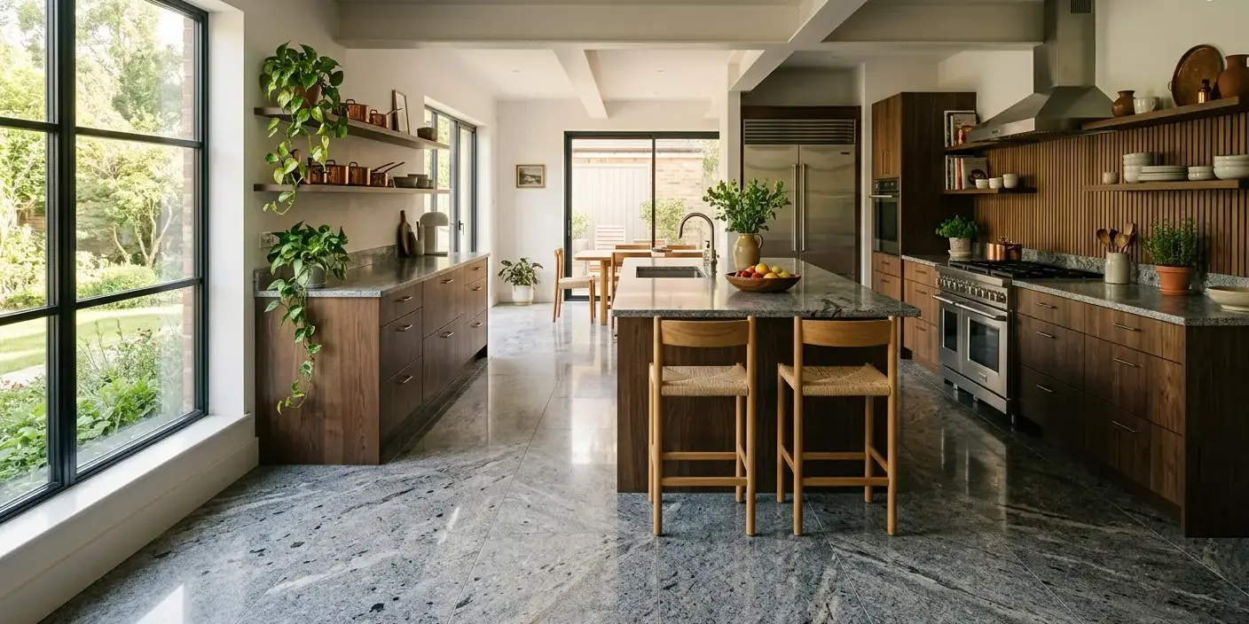 Conceptual rendering of a granite slab flooring kitchen