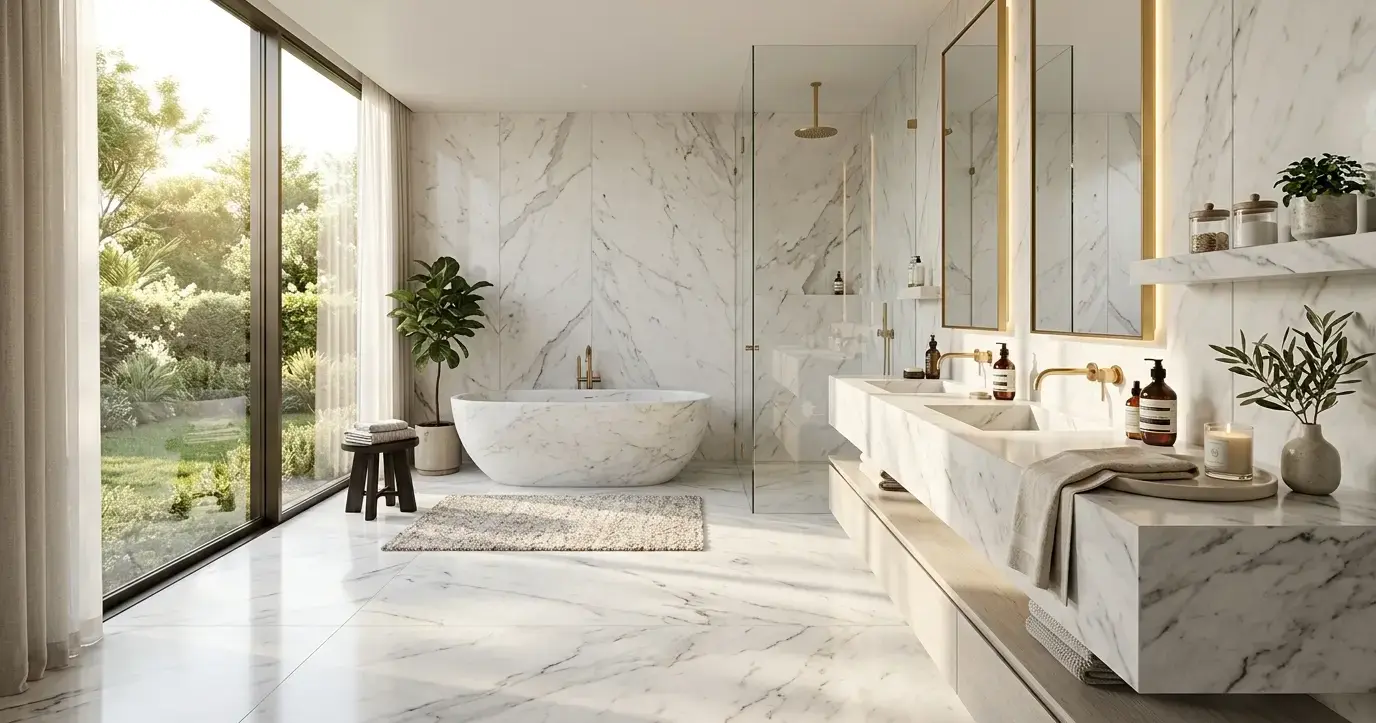 Conceptual rendering of a marble slab flooring bathroom