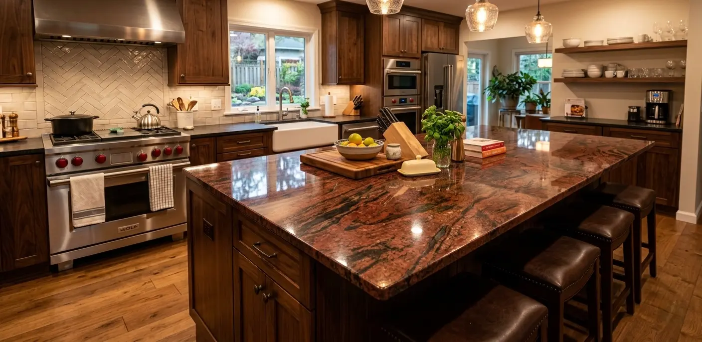 Conceptual rendering of polished granite in kitchen island