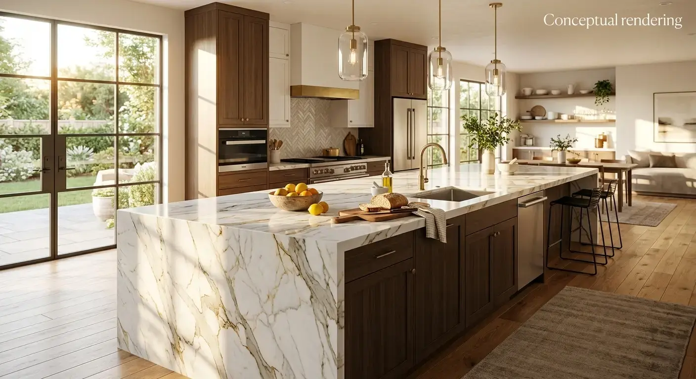 Conceptual rendering of quartzite in kitchen island