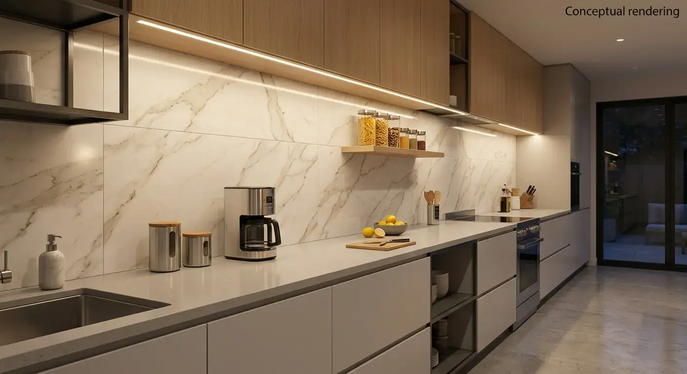 Conceptual rendering of light backsplash featuring Calacatta marble-look porcelain tile in a modern kitchen with wood cabinetry at South Lake Tahoe