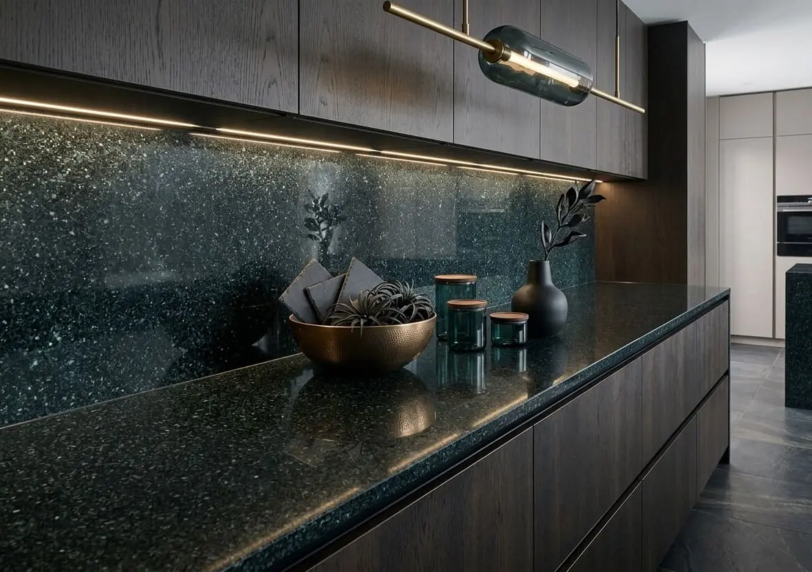 Conceptual rendering of kitchen design with sleek jet black granite countertops and backsplash at South Lake Tahoe, CA