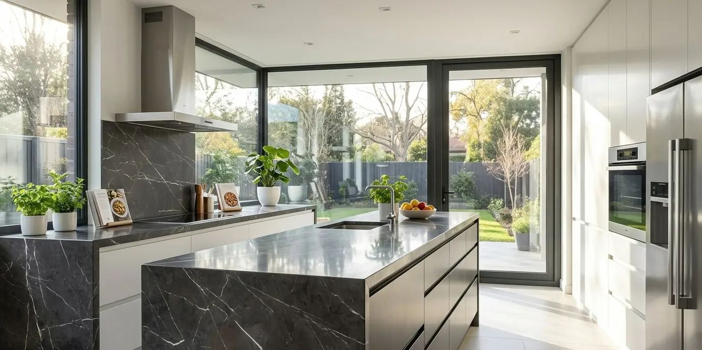 Conceptual rendering of a Modern kitchen with graphite natural stone countertops and backsplash, white cabinetry, and floor-to-ceiling windows overlooking a garden