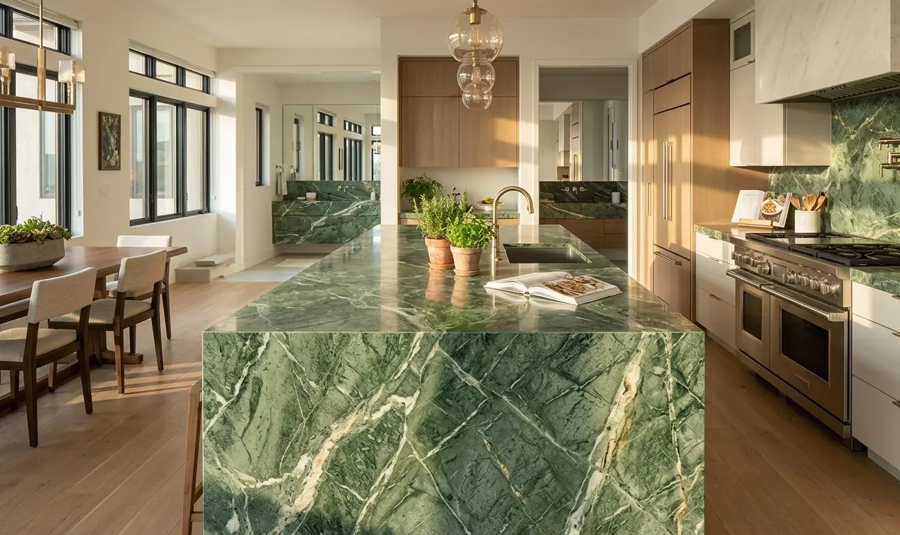 Conceptual rendering of a Modern kitchen with a large green marble waterfall-edge island, matching backsplash, wood cabinetry, and stainless steel range