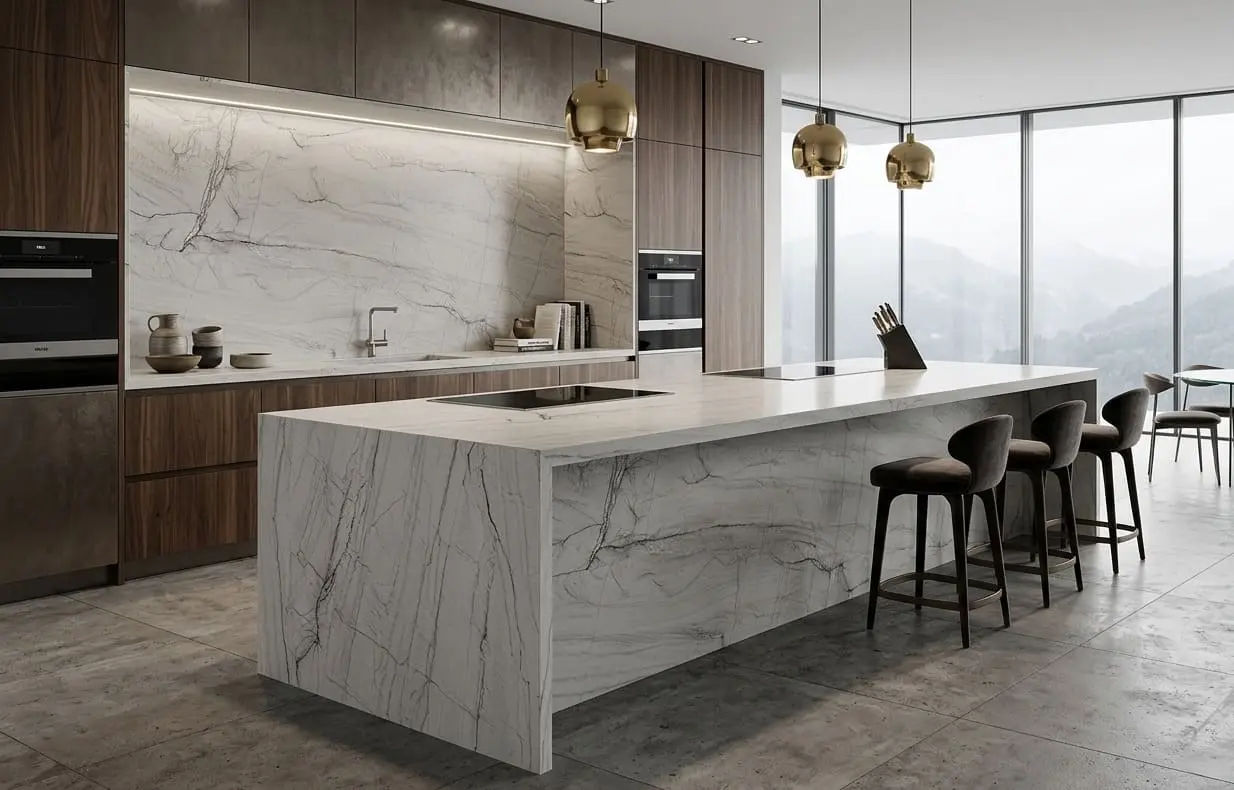 Conceptual rendering of modern luxury kitchen with Zermatt quartzite countertops and backsplash at South Lake Tahoe, CA