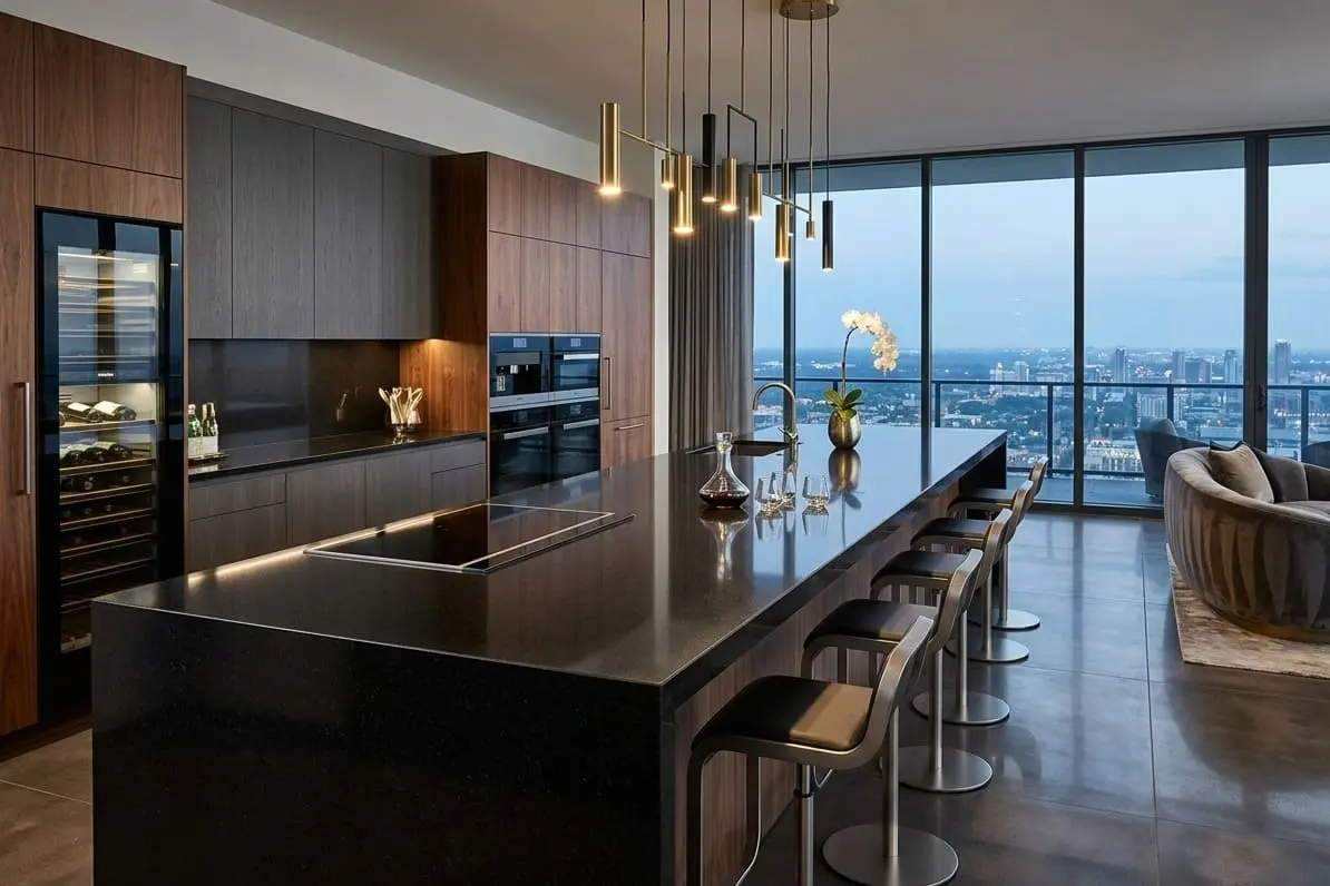 Modern kitchen with absolute black granite waterfall island, walnut cabinetry, and floor-to-ceiling city skyline views at dusk