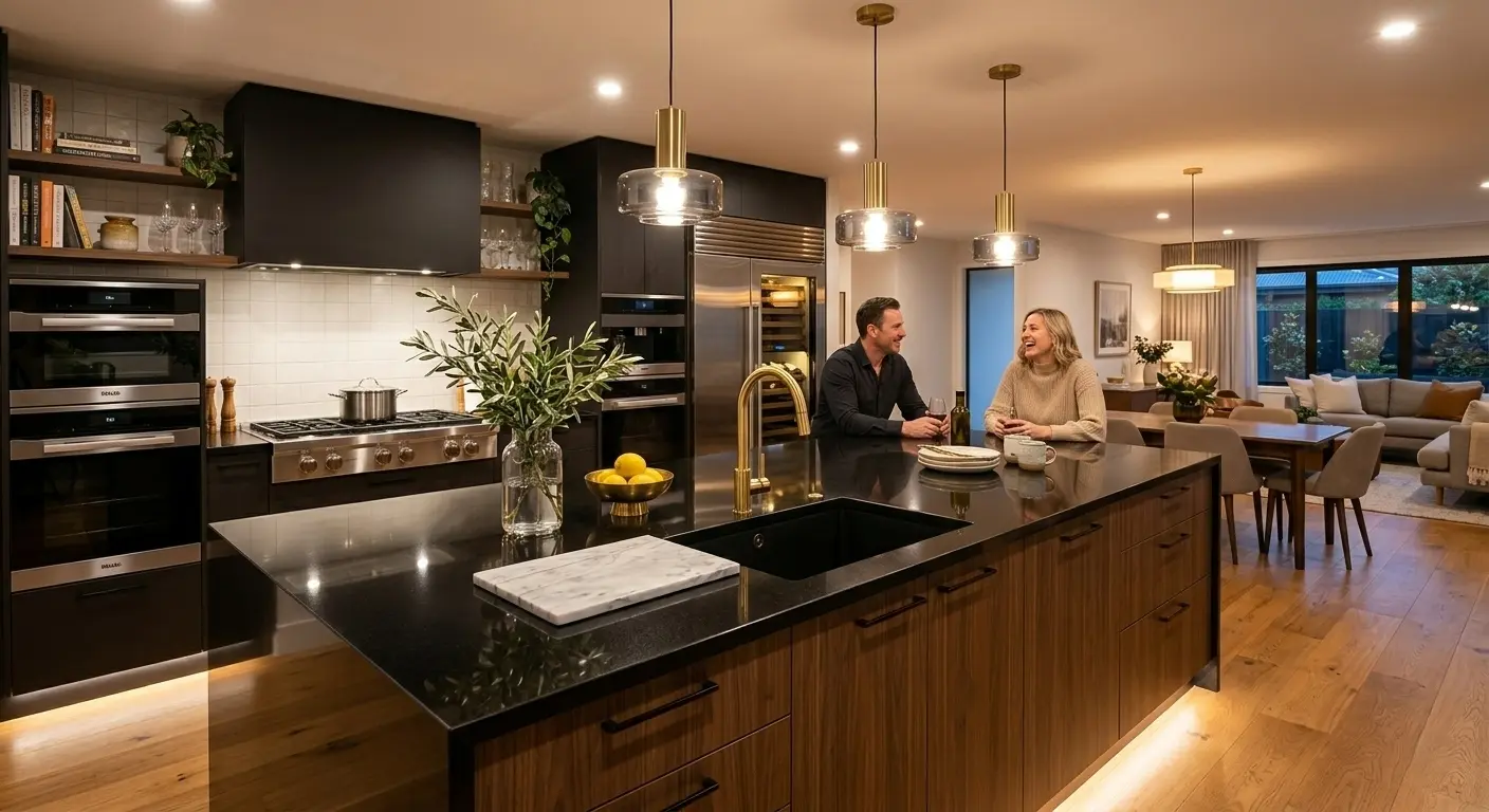 Conceptual rendering of kitchen island with black granite countertop, walnut cabinets, and brass fixtures