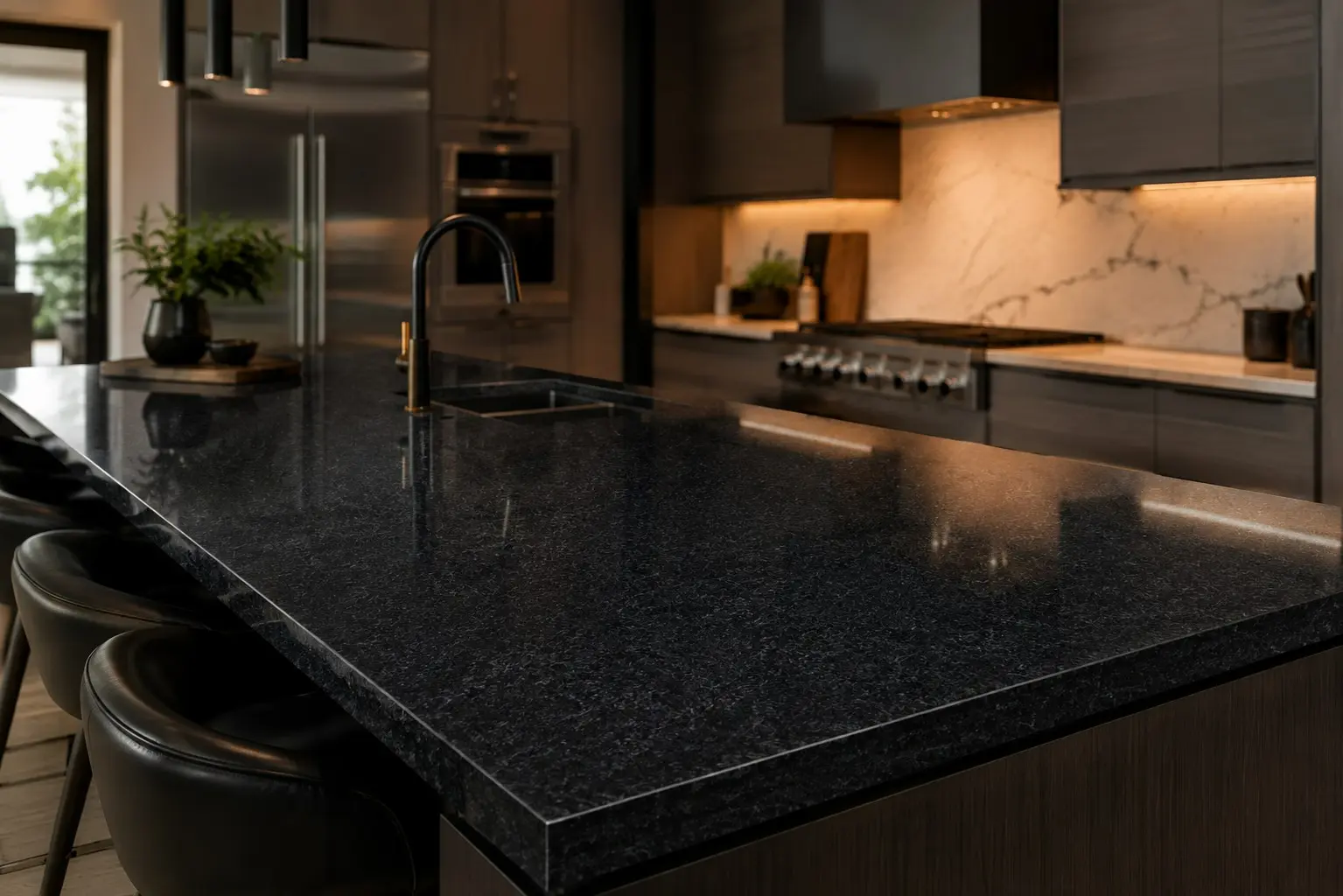 Conceptual rendering of absolute black granite kitchen island countertop with brass faucet