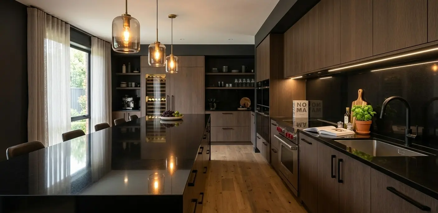 Conceptual rendering of kitchen with black granite table, walnut cabinets, and warm pendant lighting