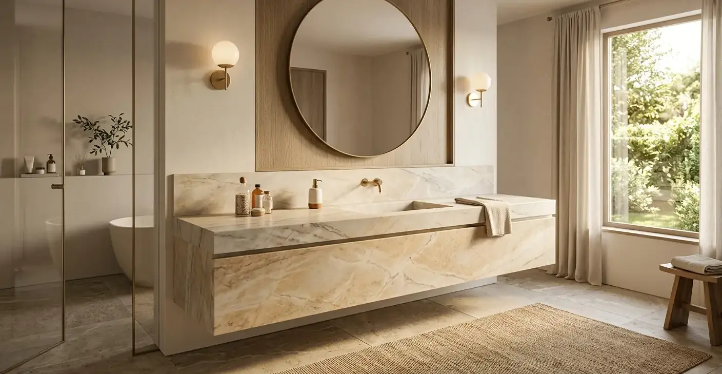 Conceptual rendering of a warm minimalist bathroom vanity in quartzite