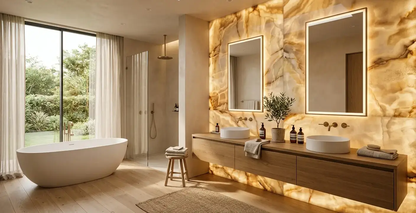 Conceptual rendering of a warm minimalist bathroom accent wall in backlit onyx
