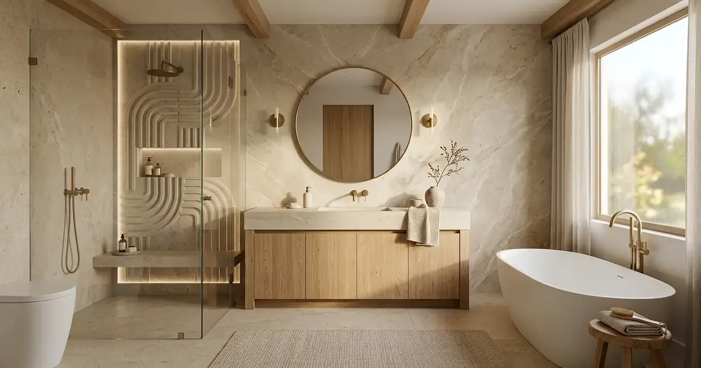 Conceptual rendering of a warm minimalist bathroom shower wall in porcelain slab