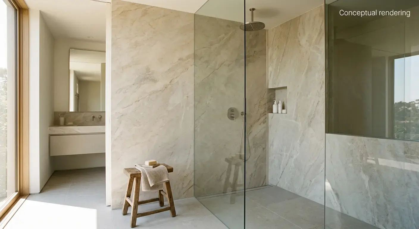 Conceptual rendering of a warm minimalist bathroom shower wall in honed quartzite