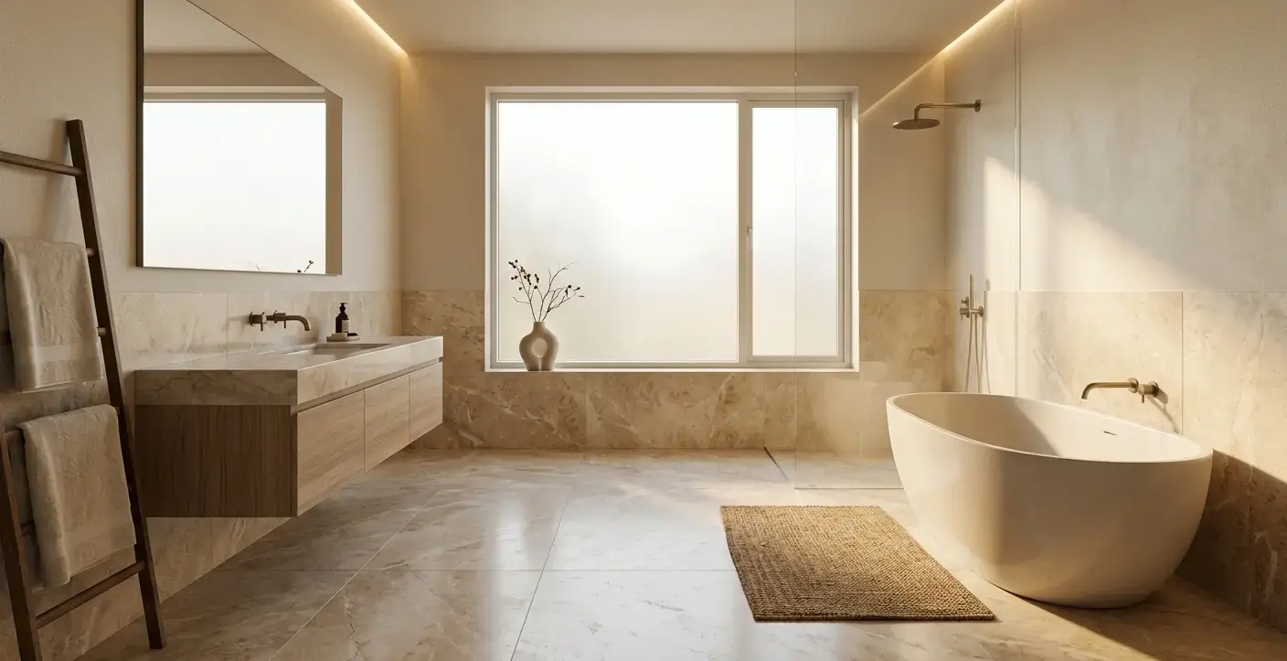 Conceptual rendering of a warm minimalist bathroom floor in matte warm marble
