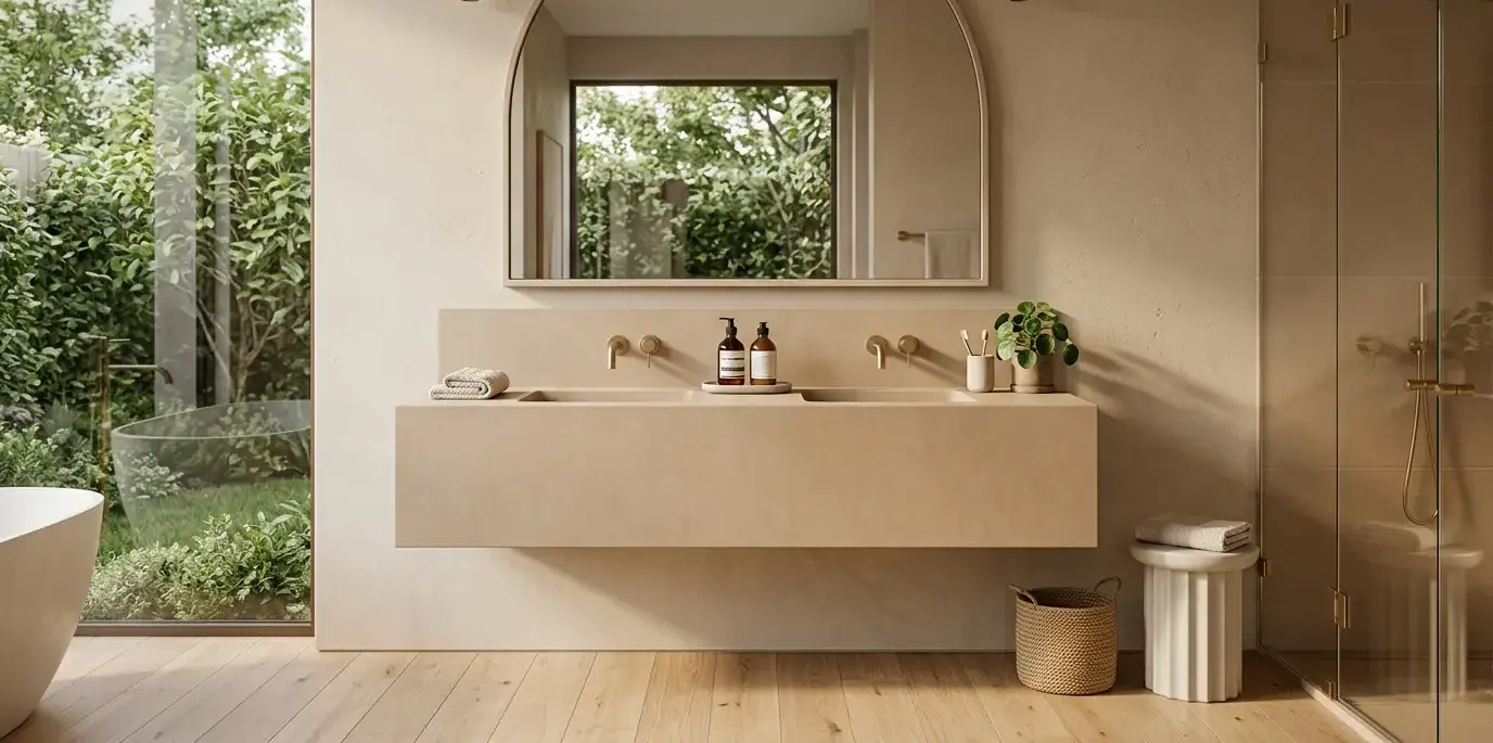 Conceptual rendering of a warm minimalist bathroom vanity in warm-toned porcelain