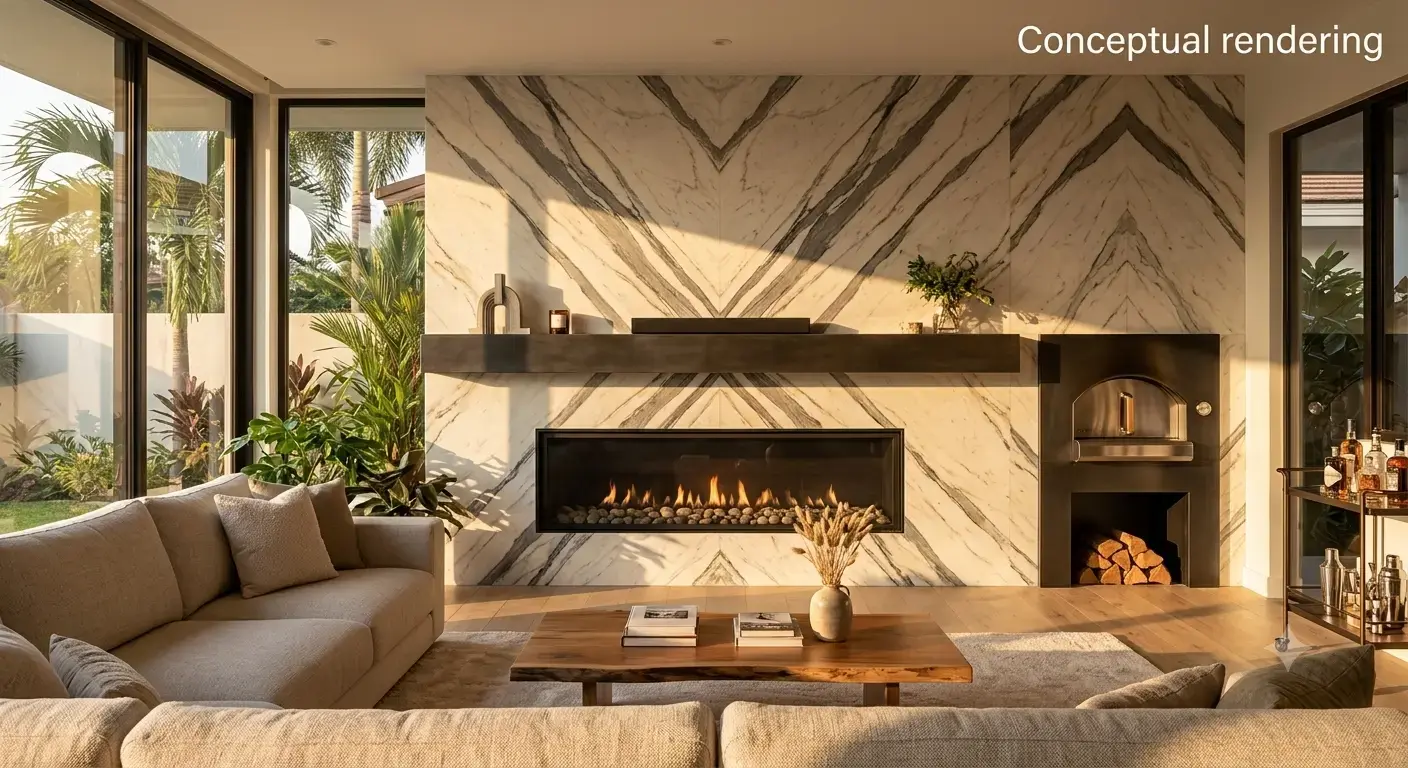 Conceptual rendering of calacatta marble in fireplace surround