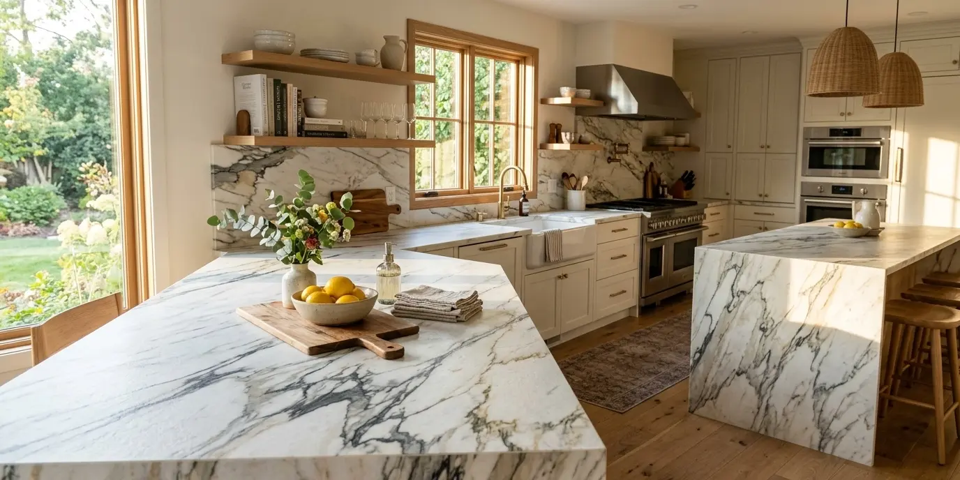 Conceptual rendering of calacatta marble in kitchen countertop