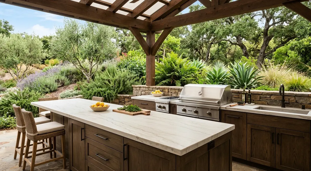 Conceptual rendering of honed quartzite outdoor kitchen countertop