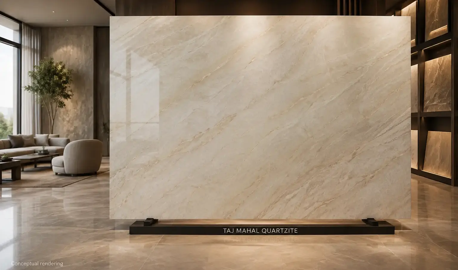 Conceptual rendering of Taj Mahal quartzite slab in a luxury showroom