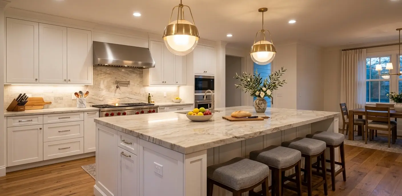Conceptual rendering of modern kitchen island with Taj Mahal quartzite countertop at North Lake Tahoe, Kings Beach, CA