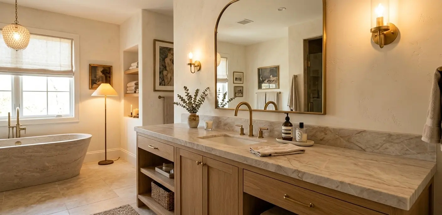 Conceptual rendering of honed Taj Mahal quartzite slab on bathroom vanity with soft cream and taupe tones