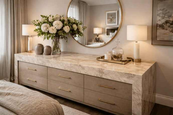 Conceptual rendering of a bedroom dresser with Taj Mahal quartzite countertop, round mirror, and floral decor