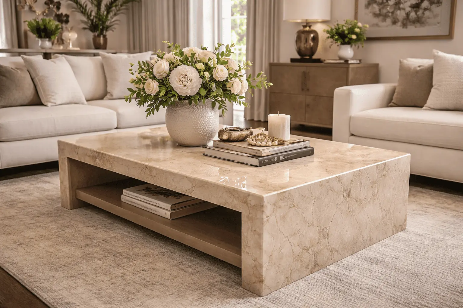 Conceptual rendering of a living room with a Taj Mahal quartzite waterfall-edge coffee table, cream sofas, and floral centerpiece decor