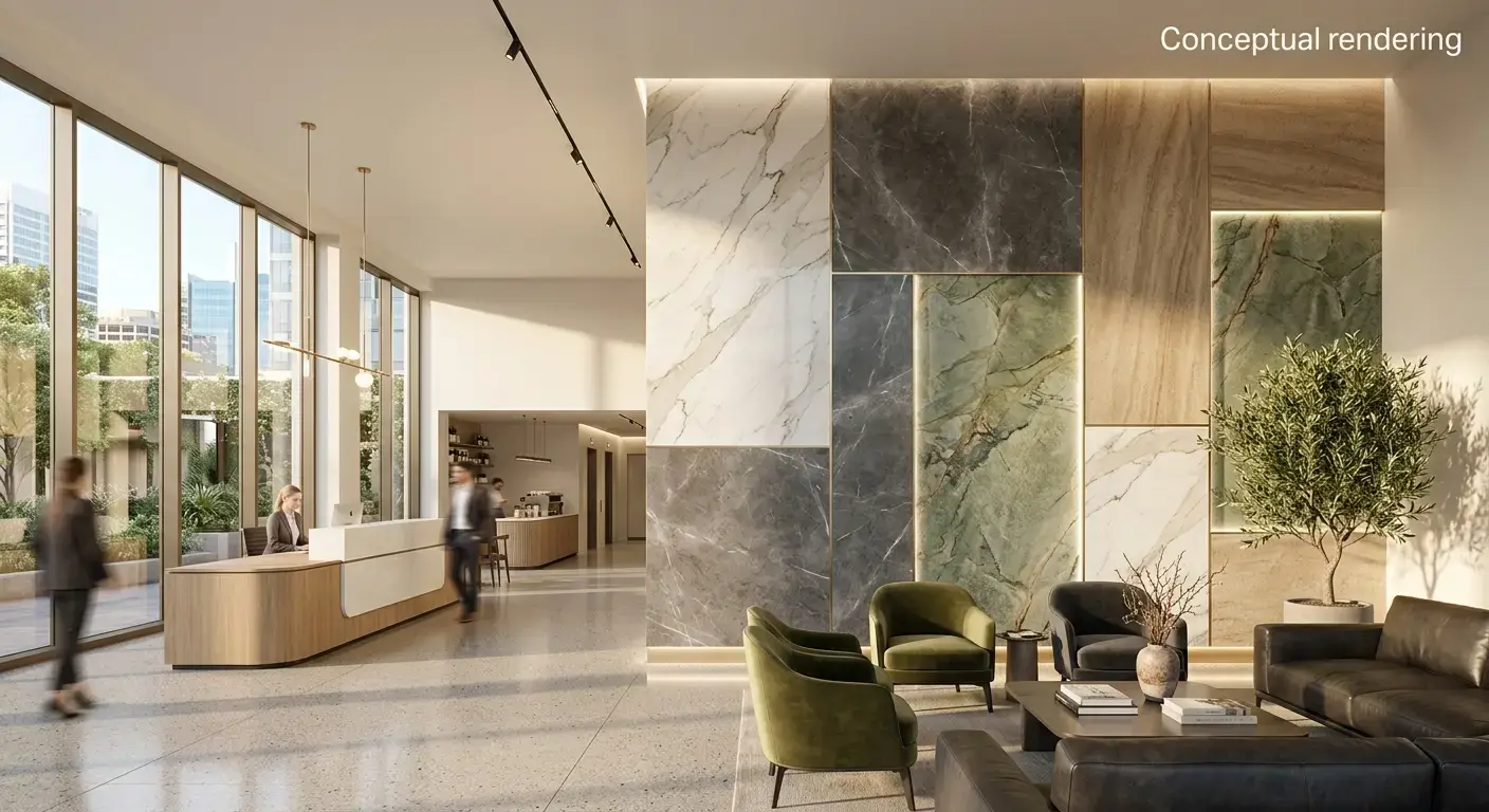 Conceptual rendering of a commercial slab applications feature wall in an office lobby