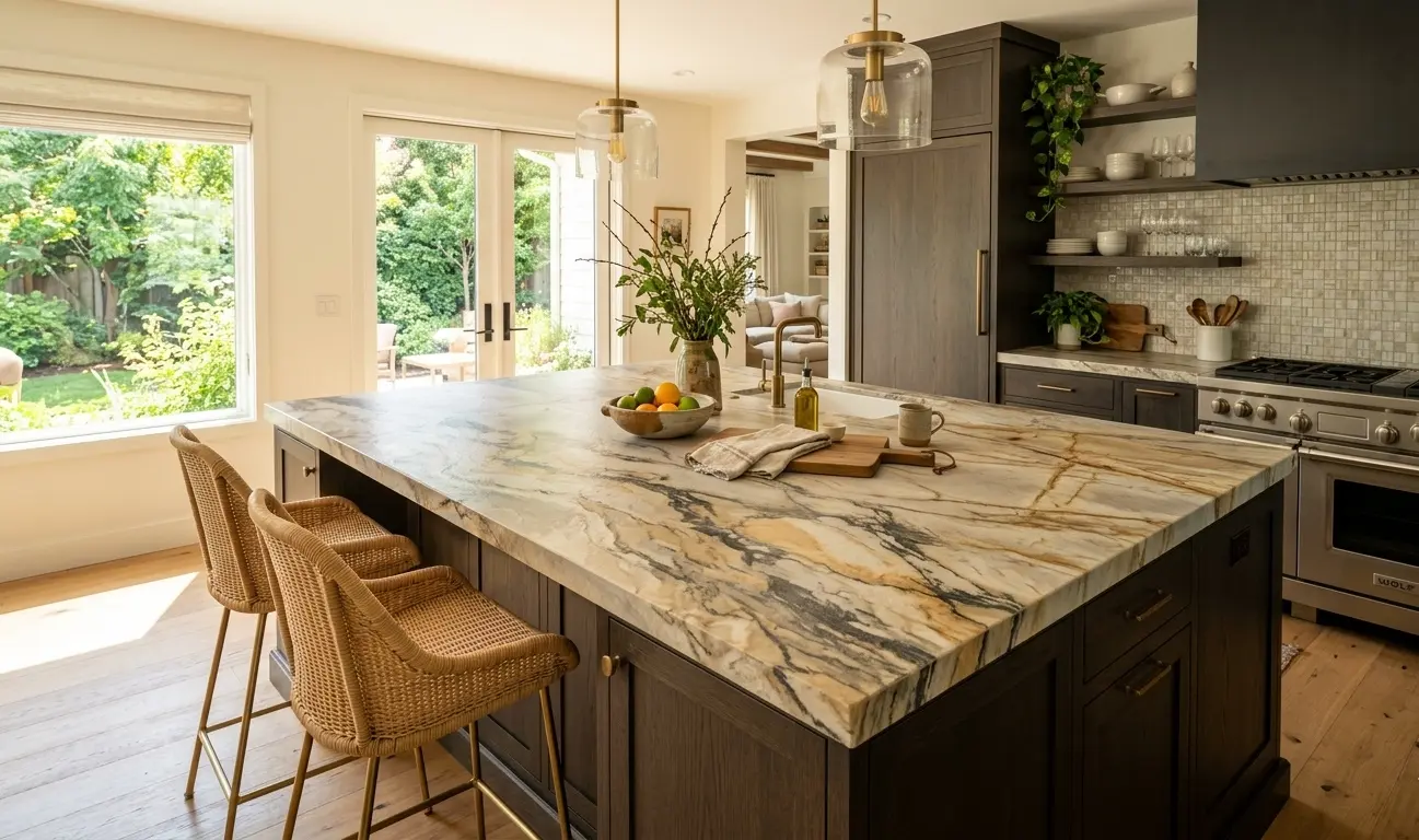 Conceptual rendering of leathered mont blanc quartzite in kitchen island