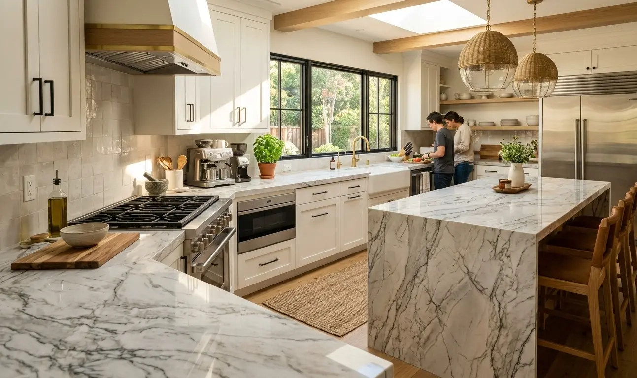 Conceptual rendering of polished mont blanc quartzite in kitchen countertop