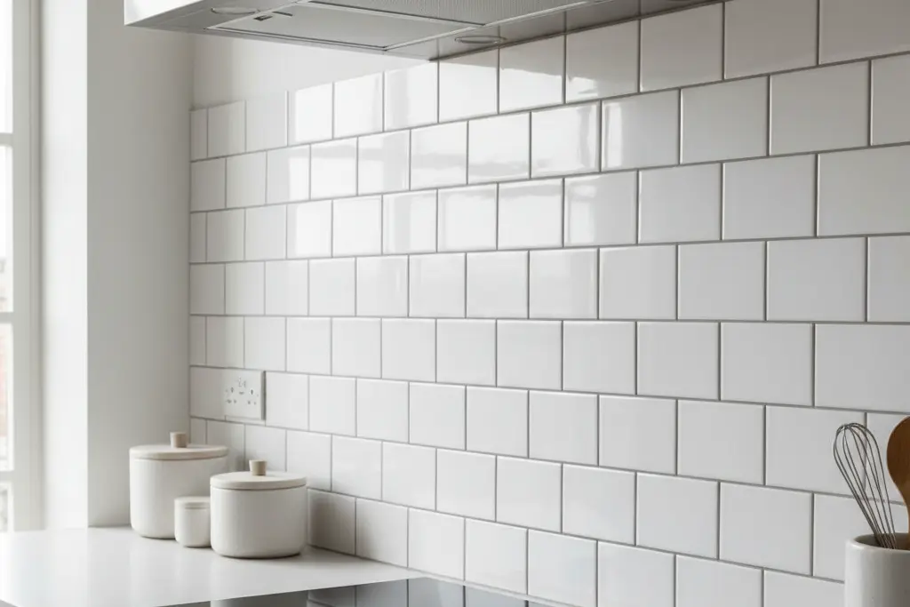 Beveled edge white subway tiles installed in kitchen backsplash showing dimensional shadow lines and depth